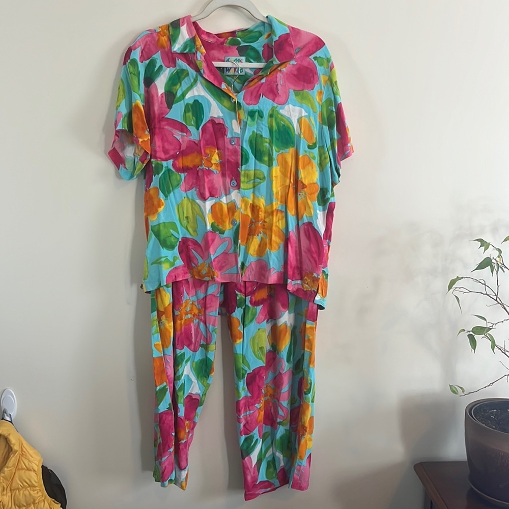 Jams World Allure Blue Floral Set Vibrant Hawaii Capri Tropical Vacation 90s vtg
